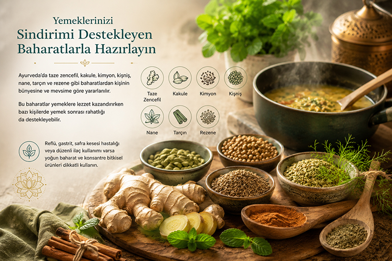 Taze zencefil, kakule, kimyon, kişniş, nane, tarçın ve rezene gibi Ayurvedik baharatlar