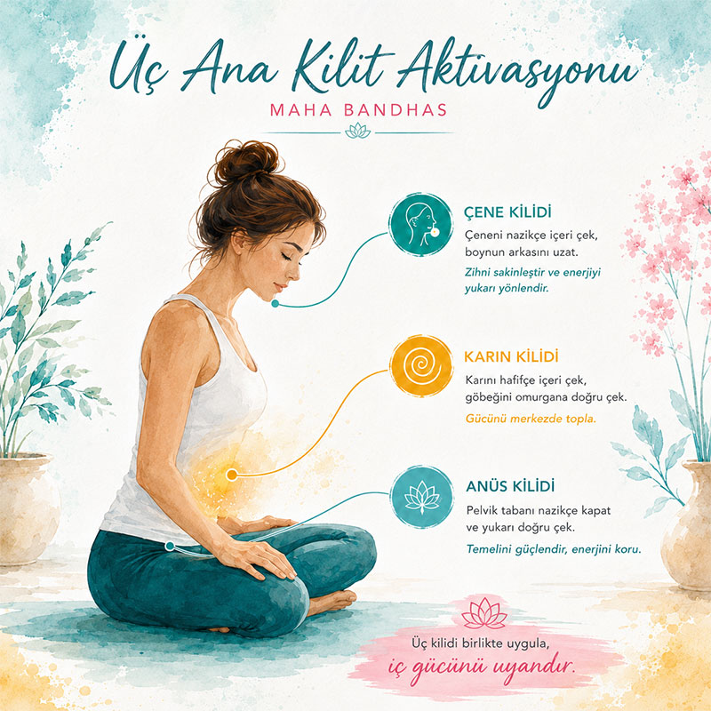 Kapalabhati sonrasında Maha Bandha Üç Ana Kilit Aktivasyonu