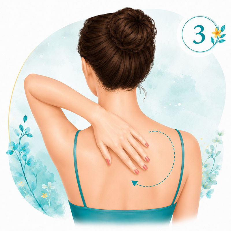 Step three of Self-Abhyanga showing gentle circular massage over the upper chest and back