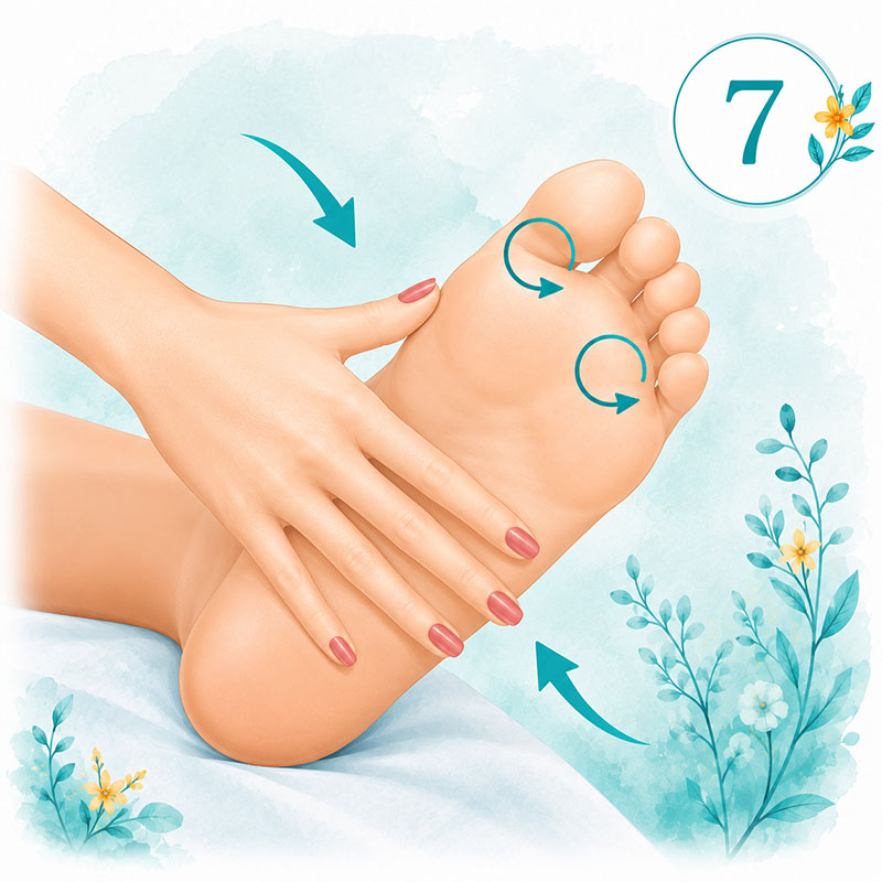 Step seven of Self-Abhyanga showing gentle massage of the soles heels ankles and toes