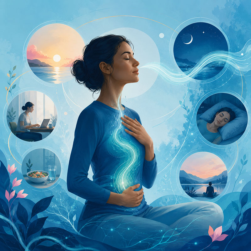 Daily wellbeing routines including conscious breathing, sleep, movement and balanced nutrition