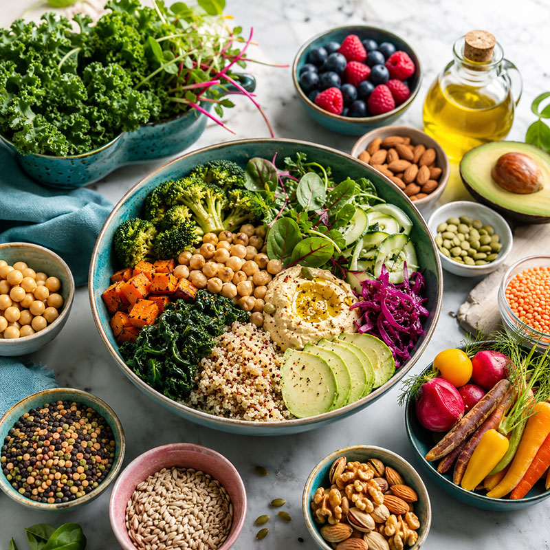 Balanced whole foods providing protein fibre colourful vegetables and nourishing fats