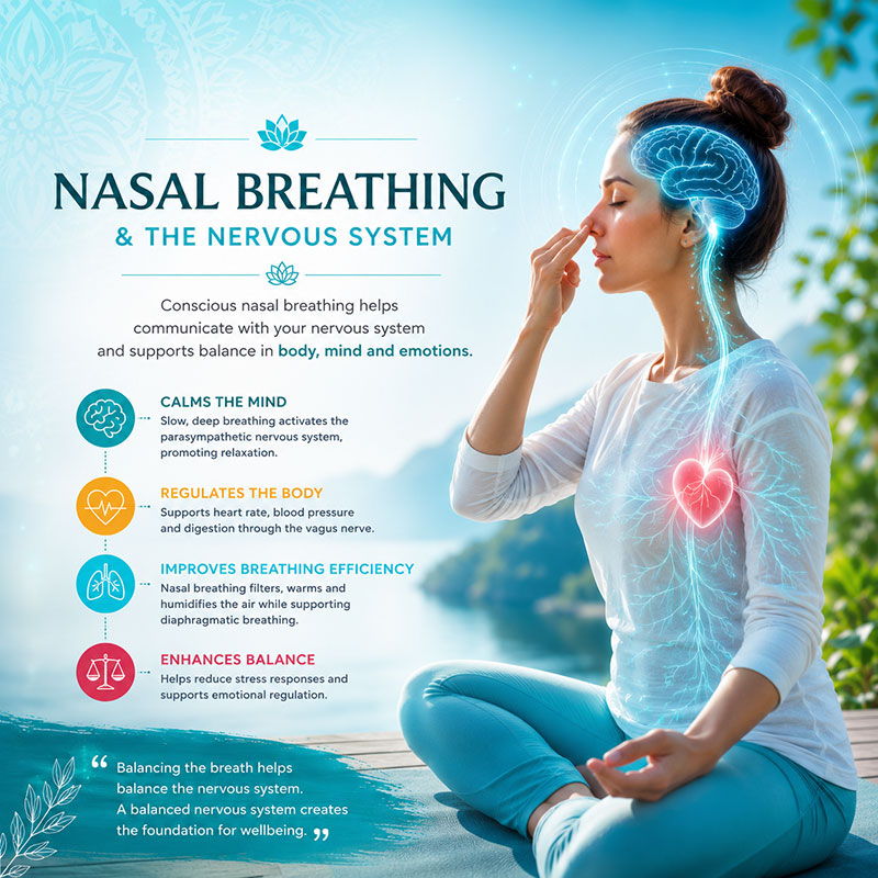Nasal breathing and diaphragmatic breathing supporting nervous system balance