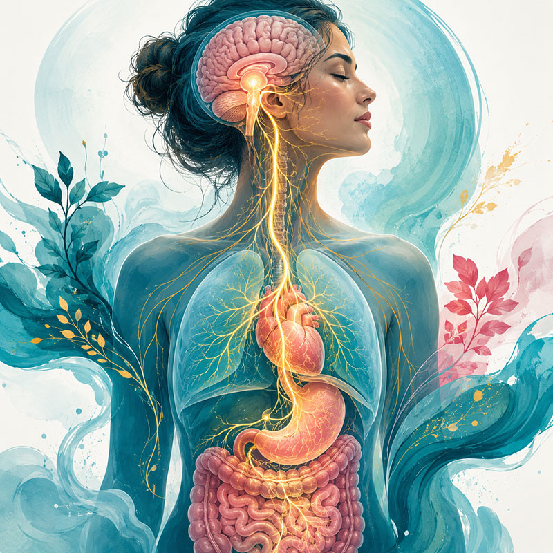 Anatomical pathway of the vagus nerve from the brainstem towards the heart lungs and digestive system