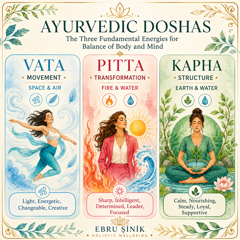 Ayurvedic illustration representing the Vata, Pitta and Kapha doshas